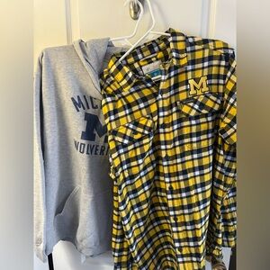 BUNDLE of university of Michigan shirts. Flannel button up and hoodie. NWOT.